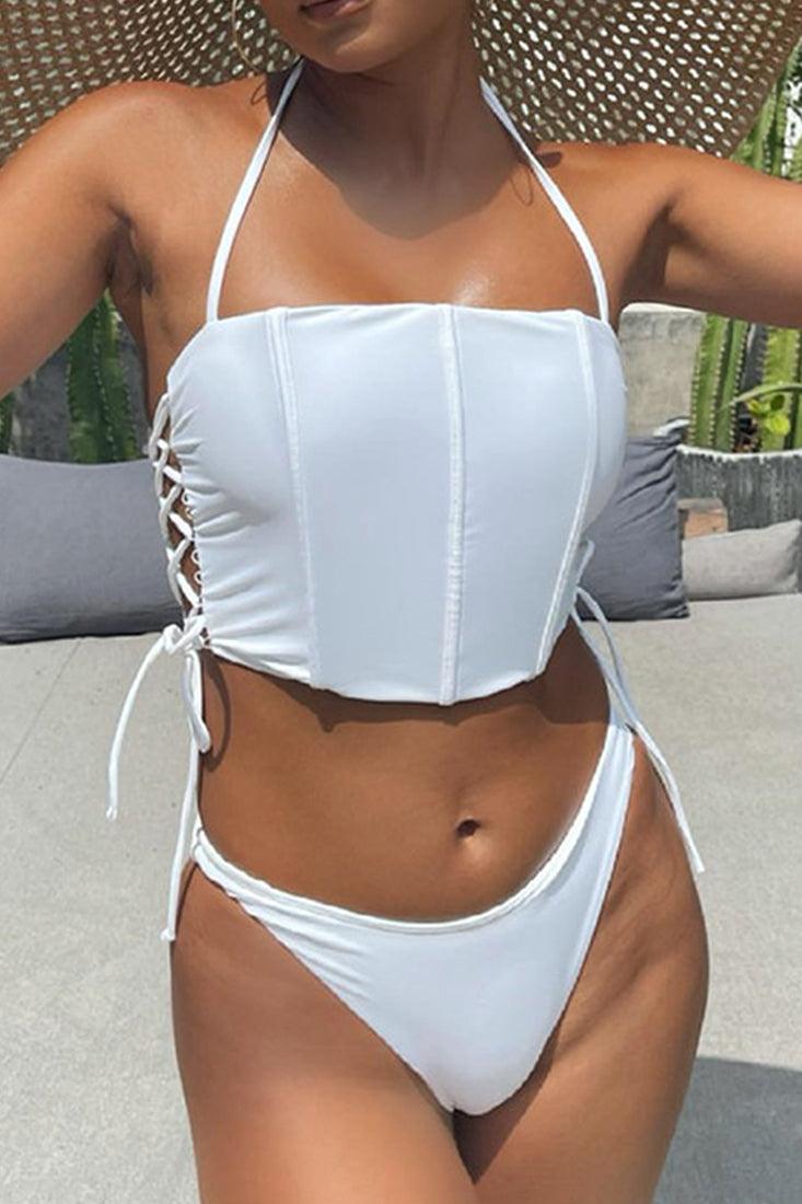 White Ruched Lace Up Sexy Two Piece Swimsuit