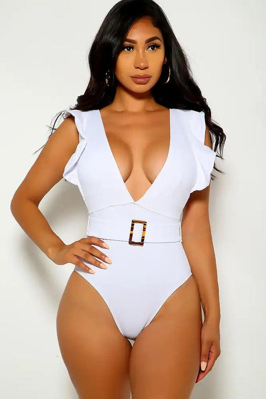 White Ruffled V-Cut One Piece Swimsuit - Babewear