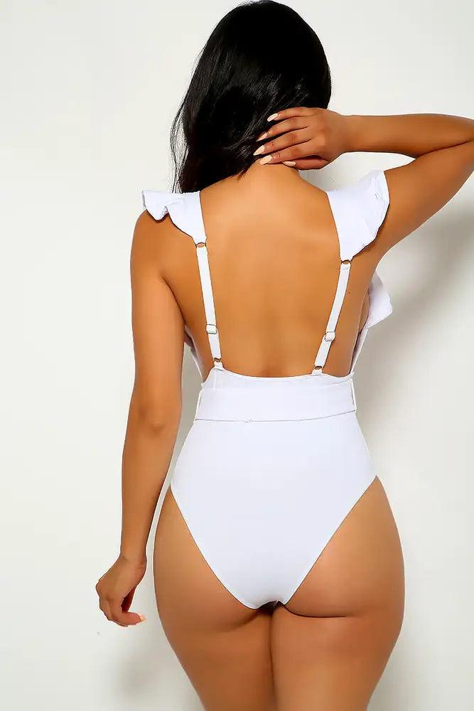 White Ruffled V-Cut One Piece Swimsuit