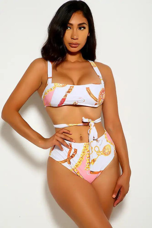 White Strappy Graphic Print Two Piece Swimsuit - Babewear