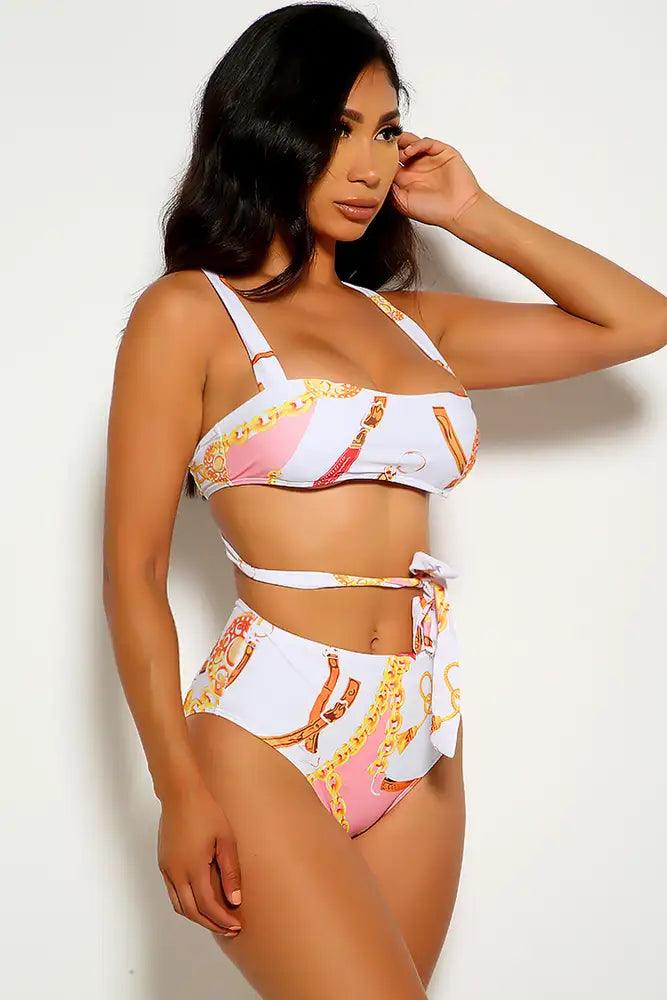 White Strappy Graphic Print Two Piece Swimsuit