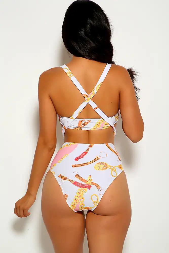 White Strappy Graphic Print Two Piece Swimsuit