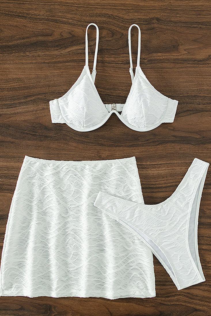 White Textured V-Wired Cheeky Cover-Up 3Pc Swimsuit Set