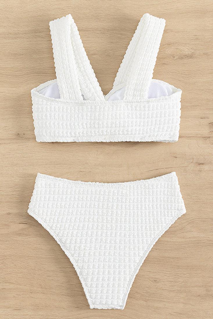 White Texured Puff Halter High Wait Cheeky 2Pc Swimsuit Set