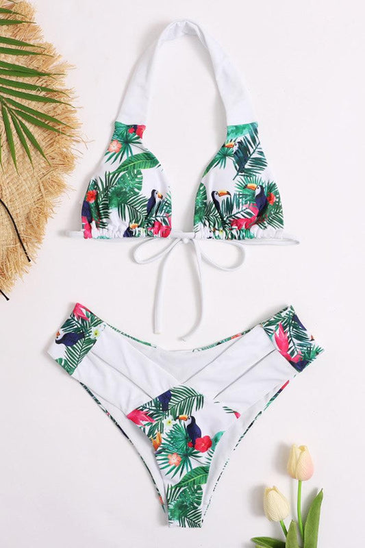 White Tropical Print Cheeky Halter 2 Pc Swimsuit Bikini