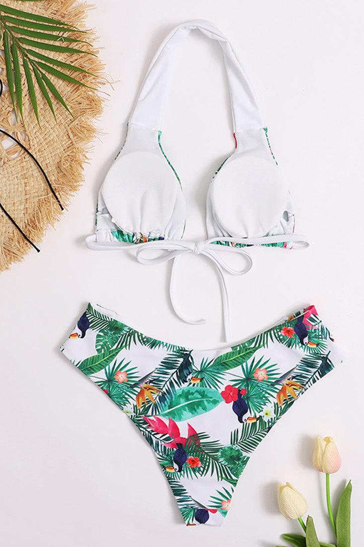 White Tropical Print Cheeky Halter 2 Pc Swimsuit Bikini