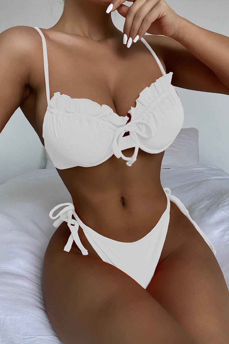 White U Underwire Ruffled Two Piece Sexy Swimsuit