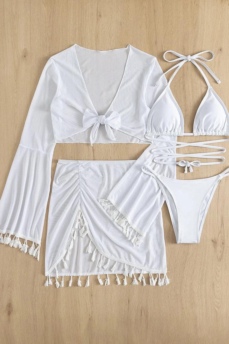 White Wrap Around Triangle Top Tassel Trim Cover Up 4 Pc Bikini Set