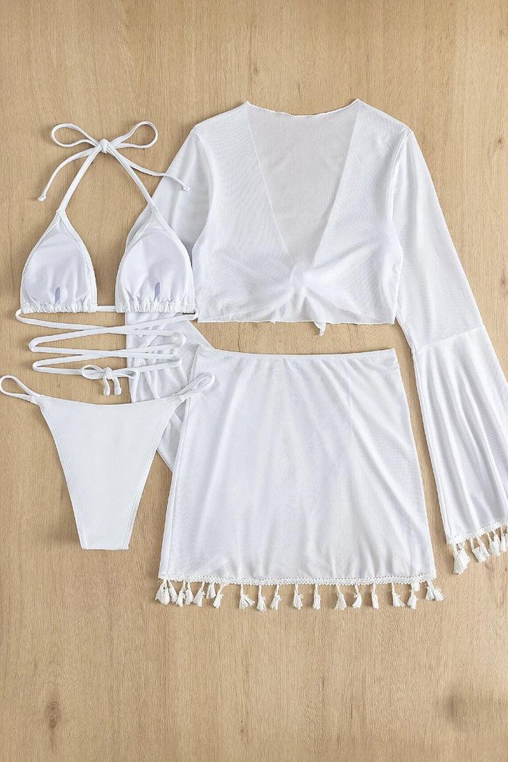 White Wrap Around Triangle Top Tassel Trim Cover Up 4 Pc Bikini Set