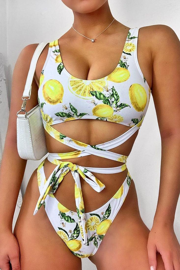 White Yellow Lemon Print Strappy Super Cheeky Sexy 2Pc Swimsuit Set Bikini