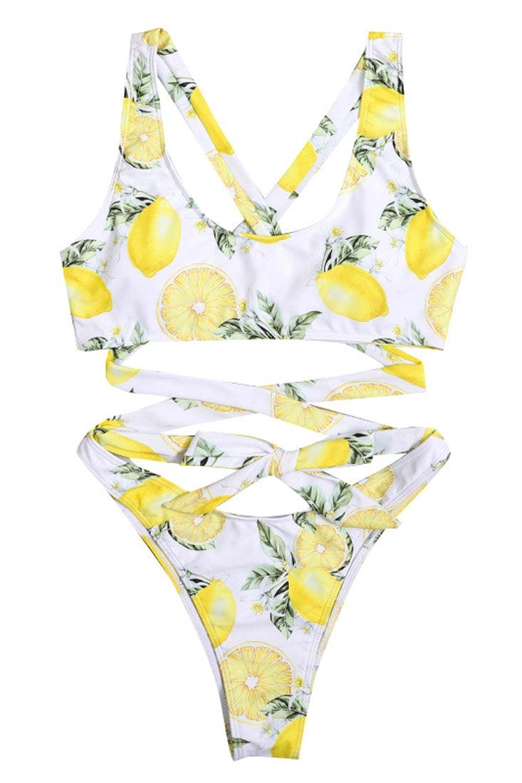 White Yellow Lemon Print Strappy Super Cheeky Sexy 2Pc Swimsuit Set Bikini