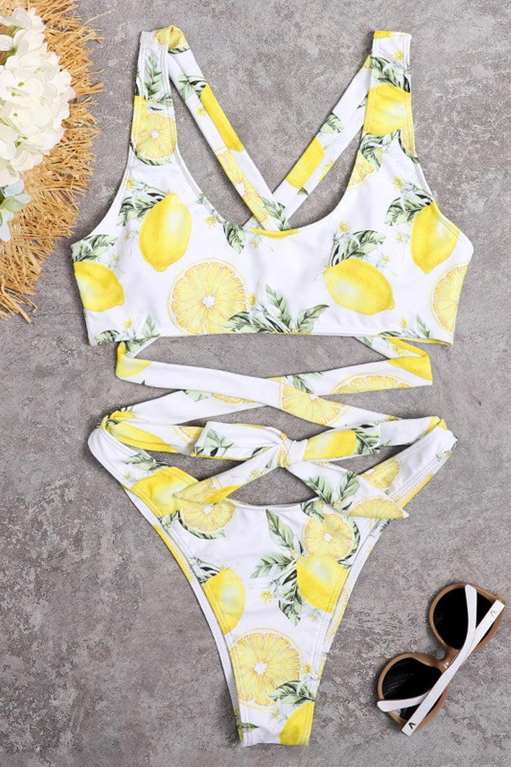 White Yellow Lemon Print Strappy Super Cheeky Sexy 2Pc Swimsuit Set Bikini