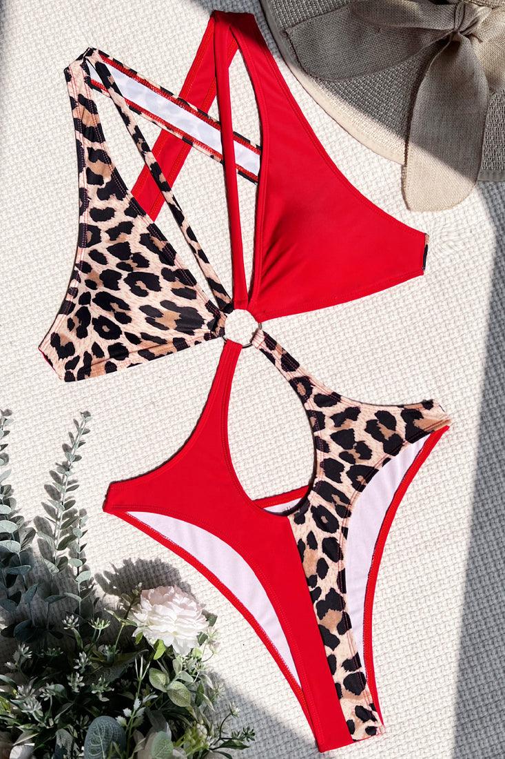 Wild Red Leopard O-Ring Linked Hollow Out Monokini