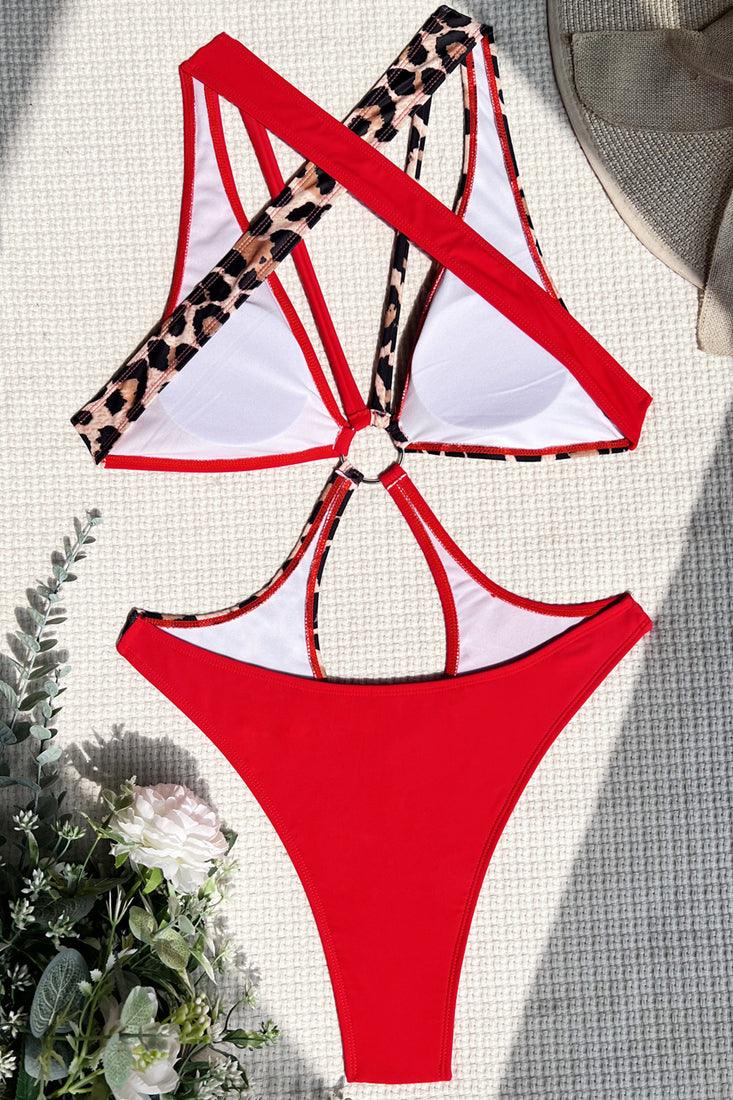 Wild Red Leopard O-Ring Linked Hollow Out Monokini