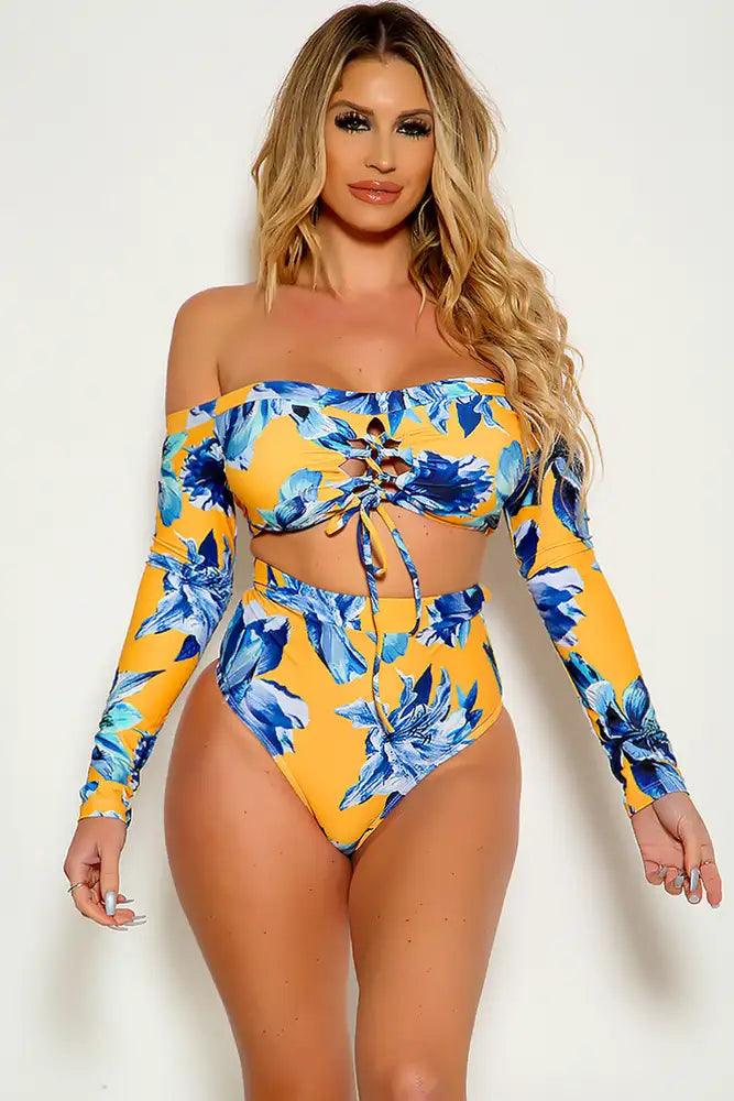 Yellow Floral Long Sleeve Off The Shoulder Lace Up Tow Piece Swimsuit - Babewear