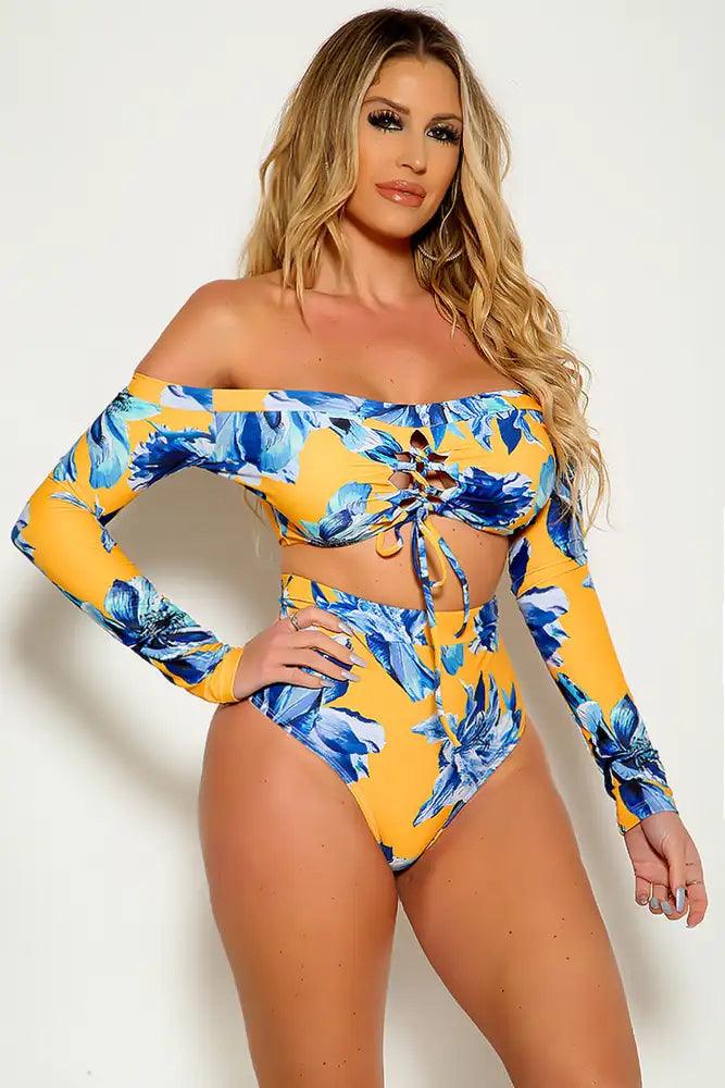 Yellow Floral Long Sleeve Off The Shoulder Lace Up Tow Piece Swimsuit