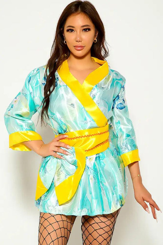 Yellow Green Sexy Kimono 3 Piece Costume - Babewear