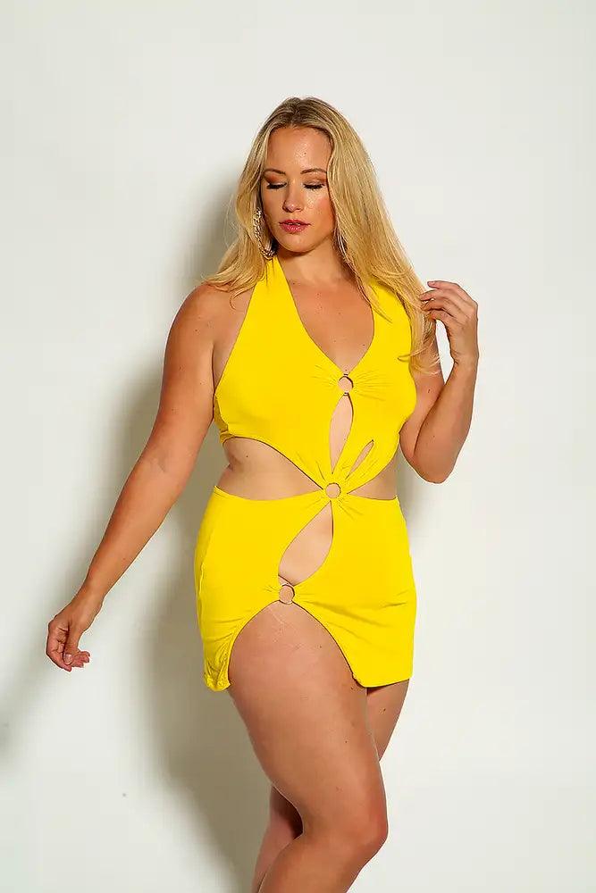 Yellow Halter O-Ring Cut Out Plus size Party Dress