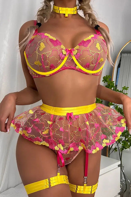 Yellow Hot Pink Floral Embroidered Sheer Wired Bra Thong Garter 6pc Lingerie Set