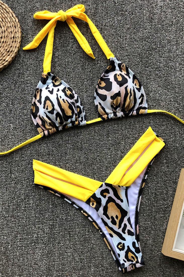 Yellow Leopard Print Cheeky Halter 2 Pc Swimsuit