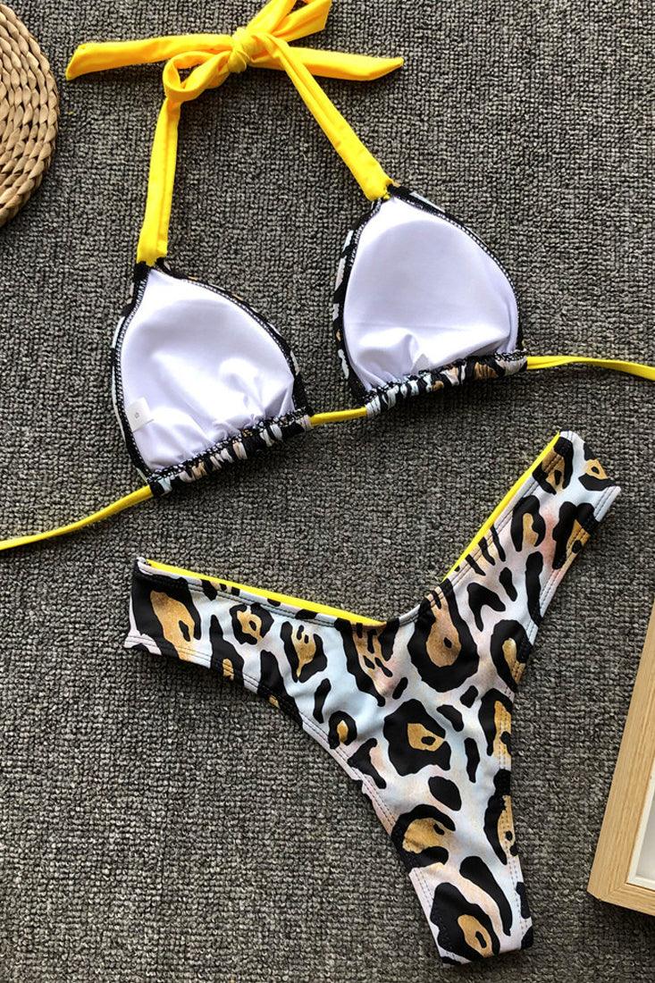 Yellow Leopard Print Cheeky Halter 2 Pc Swimsuit