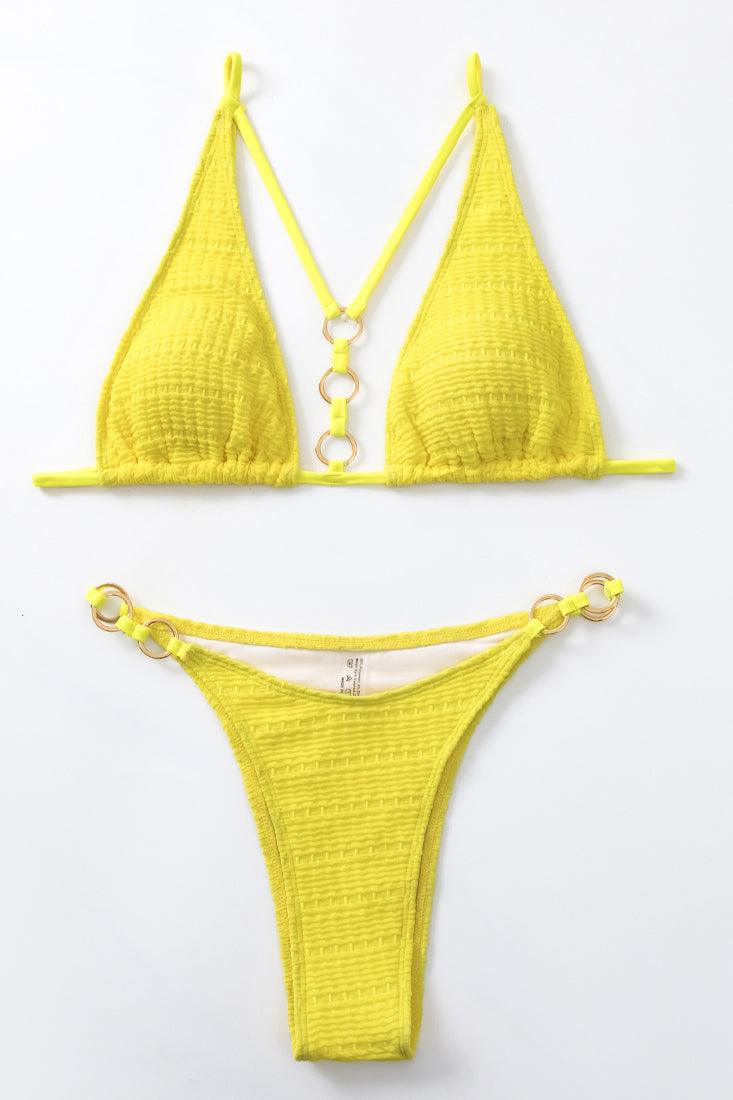 Yellow Strappy O-Ring Triangle Cheeky 2 Pc Sexy Swimsuit Set Bikini