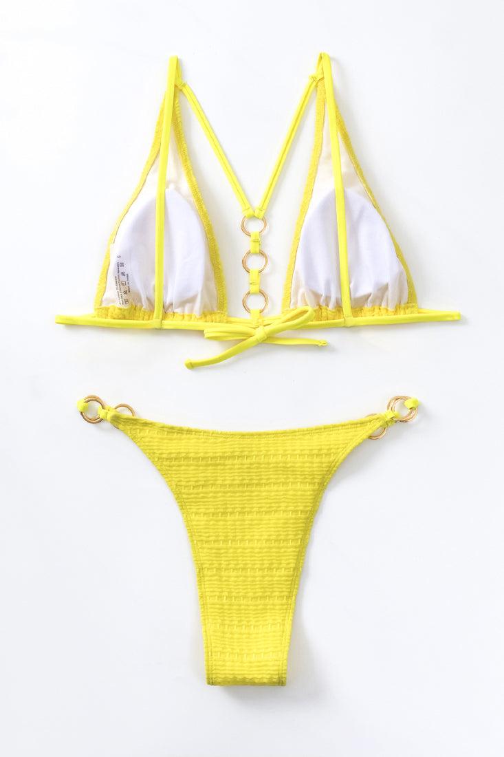 Yellow Strappy O-Ring Triangle Cheeky 2 Pc Sexy Swimsuit Set Bikini