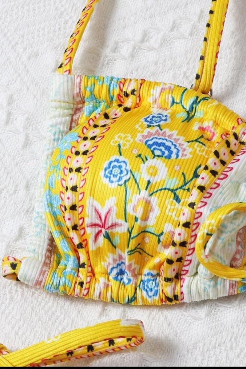 Yellow White Graphic Print Three Piece Swimsuit